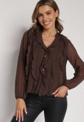 Brązowa Bluzka Koszulowa z Dekoltem w Serek Zdobiona Falbankami Nailiphis. Brązowe bluzki Born2be, l, z aplikacjami, z jeansu, biznesowe, bez kołnierzyka, bez ramiączek. Za 99.99 zł.