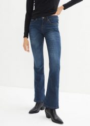 Jeansy ze stretchem o kroju bootcut, mid waist. Niebieskie jeansy bonprix, bez wzorów. Za 97.99 zł.