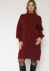 Bordowa Pudełkowa Sukienka Dzianinowa z Domieszką Wełny Netessa. Czerwone sukienki Born2be, bez wzorów, z dzianiny, eleganckie, bez kołnierzyka, bez ramiączek, midi. Za 139.99 zł.