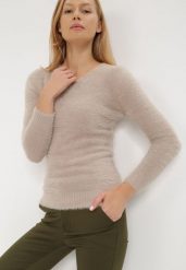 Jasnobeżowy Sweter Wełniany Panaris. Brązowe swetry Born2be, m, bez wzorów, z jeansu, bez ramiączek. Za 64.99 zł.