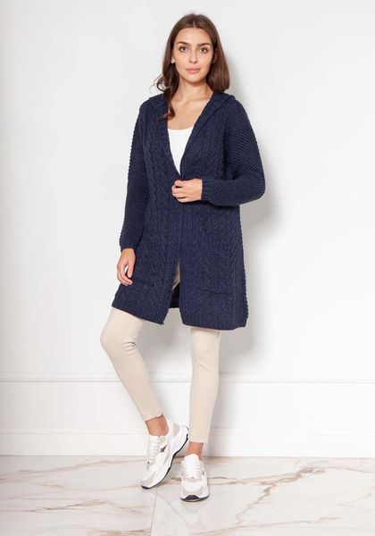 Czarny Niezapinany Sweter z Kapturem w Warkocze. Czarne swetry Lanti, l, bez wzorów, z materiału, bez ramiączek. Za 249.90 zł.