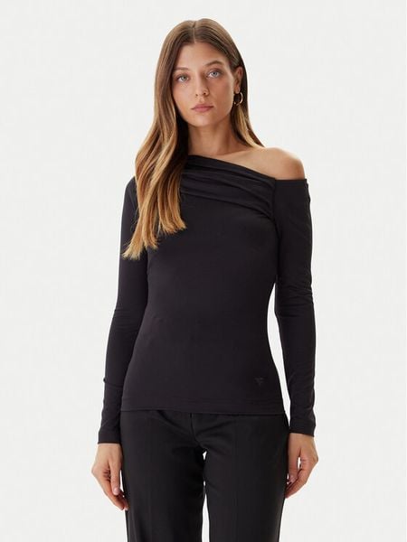 Guess Bluzka W5BP08 K1492 Czarny Slim Fit. Czarne bluzki Guess, m, z aplikacjami, z syntetyku, bez kołnierzyka, bez ramiączek. Za 169.99 zł.