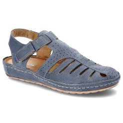 Niebieskie Sandały Maciejka Skórzane Buty Damskie. Niebieskie sandały Maciejka, w ażurowe wzory, ze skóry, klasyczne, bez obcasa, na platformie, bez zapięcia. Za 279.00 zł.