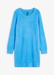 Sukienka dzianinowa. Niebieskie sukienki bonprix, bez wzorów, z dzianiny, bez kołnierzyka, bez ramiączek, mini. Za 124.99 zł.