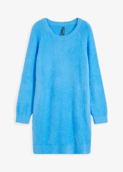 Sukienka dzianinowa. Niebieskie sukienki bonprix, bez wzorów, z dzianiny, bez kołnierzyka, bez ramiączek, mini. Za 124.99 zł.