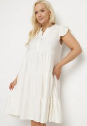 Jasnobeżowa Sukienka o Rozkloszowanym Kroju z Dekoltem w Serek Meverina. Brązowe sukienki Born2be, na co dzień, uniwersalny, z aplikacjami, eleganckie, bez kołnierzyka, bez ramiączek, midi, proste. Za 64.99 zł.