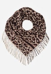 Brązowy Wiskozowy Szalik w Panterkę Wykończony Frędzlami Alefera. Brązowe szaliki Renee, bez wzorów, z jeansu. Za 39.99 zł.