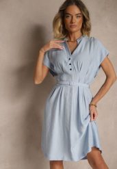 Niebieska Rozkloszowana Sukienka z Wiskozy z Paskiem Zapinana na Napy Seporine. Niebieskie sukienki Renee, na co dzień, l, bez wzorów, z jeansu, eleganckie, bez kołnierzyka, bez ramiączek, midi, rozkloszowane. Za 84.99 zł.