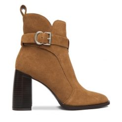 Botki Badura. Brązowe botki Badura, bez wzorów, bez obcasa, na słupku, bez zapięcia. Za 499.99 zł.