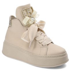 Beżowe Botki Chebello Eleganckie Obuwie Damskie. Brązowe botki CheBello, bez wzorów, bez obcasa, na platformie, bez zapięcia. Za 509.00 zł.
