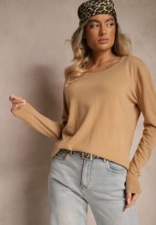 Ciemnobeżowy Sweter z Dodatkiem Kaszmiru Ozdobiony Ściągaczami Sanadora. Brązowe swetry Renee, bez wzorów, z jeansu, bez ramiączek. Za 59.99 zł.