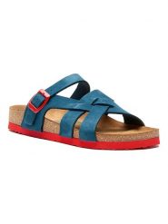 Comfortfusse Skórzane klapki w kolorze niebiesko-czerwonym rozmiar: 35. Czerwone klapki Comfortfüße, bez wzorów, z nubiku, z otwartym noskiem, bez obcasa. Za 184.89 zł.