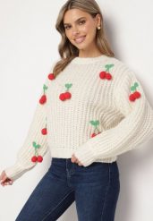 Jasnobeżowy Sweter z Aplikacjami Wisienek o Klasycznym Fasonie Dintinnia. Brązowe swetry Born2be, m, z aplikacjami, z jeansu, bez ramiączek. Za 159.99 zł.