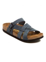 Comfortfusse Skórzane klapki w kolorze granatowym rozmiar: 36. Niebieskie klapki Comfortfüße, bez wzorów, z nubiku, z otwartym noskiem, bez obcasa. Za 184.46 zł.