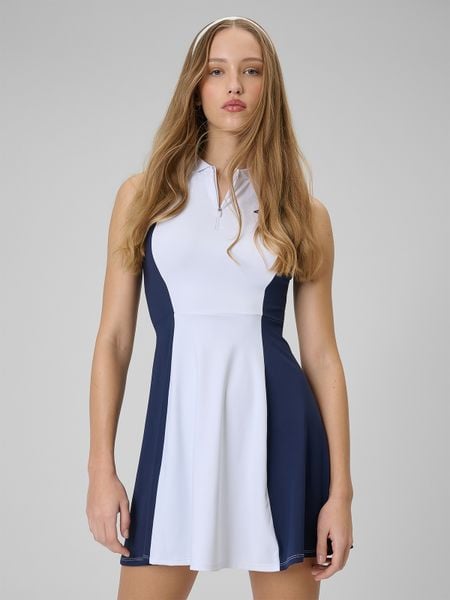 4F Sukienka tenisowa damska - biała XL. Białe sukienki 4f, na co dzień, xl, bez wzorów, z dzianiny, sportowe, bez kołnierzyka, bez ramiączek, maxi, sportowe. Za 129.99 zł.