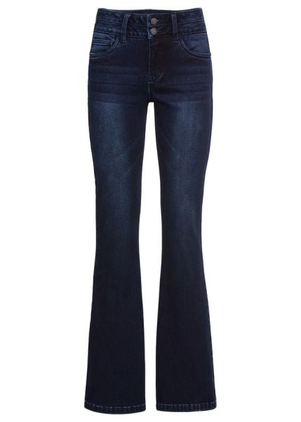 Modelujące jeansy ze stretchem, high waist, krój bootcut. Niebieskie jeansy bonprix, bez wzorów, z podwyższonym stanem. Za 199.99 zł.