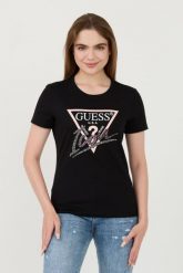 GUESS Czarny damski t-shirt bawełniany Icon Tee, Rozmiar S. Czarne t-shirty Guess, s, z aplikacjami, z bawełny, bez kołnierzyka, bez ramiączek. W wyprzedaży za 169.99 zł.