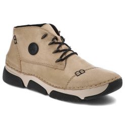 Beżowe Botki Rieker Damskie Eleganckie Obuwie Na Jesień. Brązowe botki Rieker, na jesień, bez wzorów, z syntetyku, bez obcasa, bez zapięcia. Za 288.99 zł.