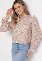 Jasnobeżowa Koszula z Błyszczącymi Drobinkami Falbankami i Wzorem w Kwiaty Vletanna. Brązowe koszule Born2be, l, bez wzorów, eleganckie, bez kołnierzyka, bez ramiączek. Za 119.99 zł.