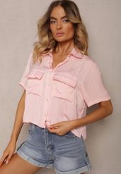 Różowa Krótka Koszula Zapinana na Guziki z Kieszeniami Rivanthis. Czerwone koszule Renee, s, bez wzorów, klasyczne, bez kołnierzyka, bez ramiączek. Za 64.99 zł.
