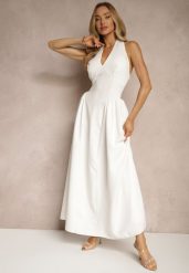 Biała Rozkloszowana Sukienka Halter z Wiązaniem i Odkrytymi Plecami Senicce. Białe sukienki Renee, na imprezę, m, bez wzorów, eleganckie, bez kołnierzyka, bez ramiączek, maxi, rozkloszowane. Za 139.99 zł.
