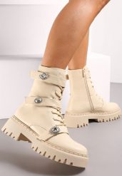 Beżowe Workery Botki z Rzepami Ozdobione Klamerkami z Cyrkonami Sotina. Brązowe botki Renee, bez wzorów, bez obcasa, na płaskiej podeszwie, bez zapięcia. Za 169.99 zł.