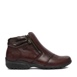 Botki Rieker. Brązowe botki Rieker, bez wzorów, bez obcasa, na płaskiej podeszwie, bez zapięcia. Za 439.99 zł.