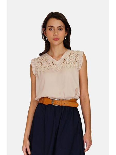 ASSUILI Bluzka w kolorze beżowym rozmiar: 38. Brązowe bluzki Assuili, bez wzorów, z koronki, klasyczne, bez kołnierzyka, bez ramiączek. Za 92.42 zł.