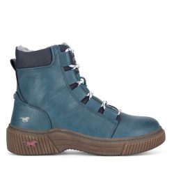 Botki Mustang. Niebieskie botki Mustang, bez wzorów, bez obcasa, na płaskiej podeszwie, bez zapięcia. Za 379.99 zł.