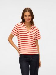 Vero Moda Koszulka polo w kolorze kremowo-czerwonym rozmiar: XL. Brązowe bluzki Vero Moda, xl, bez wzorów, bez kołnierzyka, bez ramiączek. Za 123.45 zł.