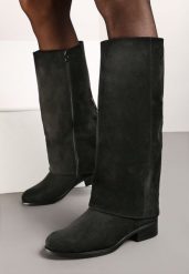 Czarne Ekozamszowe Kozaki na Płaskiej Podeszwie z Cholewką Imitującą Nogawkę Realeira. Czarne kozaki Renee, z jeansu, bez obcasa, na płaskiej podeszwie, bez zapięcia. Za 149.99 zł.