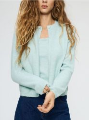 Kardigan z domieszką wełny - jasnoturkusowy. Niebieskie kardigany Reserved, l, bez wzorów, z dzianiny. Za 99.99 zł.