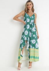 Ciemnozielona Sukienka Maxi na Cienkich Ramiączkach i Materiałowym Paskiem Adakila. Zielone sukienki Born2be, m, bez wzorów, z materiału, eleganckie, bez kołnierzyka, bez ramiączek, maxi. Za 64.99 zł.