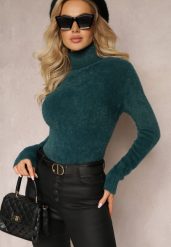 Ciemnozielony Dopasowany Golf z Wełną i Ściągaczami Pacienche. Zielone golfy Renee, l, bez wzorów, z wełny, bez ramiączek. Za 44.99 zł.