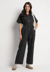 Czarny Jeansowy Kombinezon z Wiązaniem w Talii i Szerokimi Nogawkami Xenadea. Czarne sukienki Born2be, na spotkanie biznesowe, m, bez wzorów, z denimu, eleganckie, bez kołnierzyka, bez ramiączek. Za 209.99 zł.