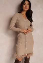 Beżowa Sukienka z Prążkowanej Dzianiny z Piórami Euryleia. Brązowe sukienki Renee, na co dzień, bez wzorów, z dzianiny, eleganckie, bez kołnierzyka, bez ramiączek, midi, dopasowane. Za 169.99 zł.