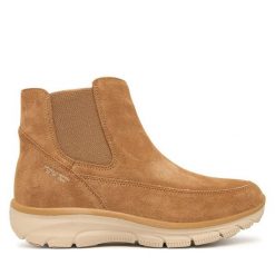 Sztyblety Skechers. Brązowe botki Skechers, bez wzorów, bez obcasa, na płaskiej podeszwie, bez zapięcia. Za 449.99 zł.