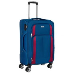 Średnich rozmiarów walizka z miękkiego materiału w granatowo-czerwonym Peterson PTN 5209-M. Czerwone walizki Peterson, bez wzorów. Za 199.99 zł.
