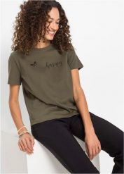T-shirt z czystej bawełny z nadrukiem. Niebieskie t-shirty bonprix, bez wzorów, z bawełny, bez kołnierzyka, bez ramiączek. Za 37.99 zł.