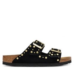 Klapki Birkenstock. Czarne klapki Birkenstock, bez wzorów, bez obcasa. Za 639.99 zł.