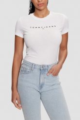 TOMMY JEANS Biały t-shirt damski, Rozmiar S. Białe t-shirty Tommy Jeans, s, bez wzorów, z jeansu, bez kołnierzyka, bez ramiączek. W wyprzedaży za 69.99 zł.