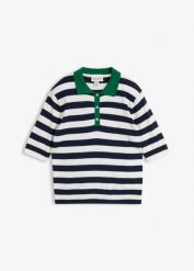 Cienki sweter z kołnierzykiem polo. Niebieskie swetry bonprix, bez wzorów, bez ramiączek. Za 109.99 zł.