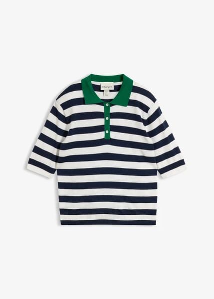 Cienki sweter z kołnierzykiem polo. Niebieskie swetry bonprix, bez wzorów, bez ramiączek. Za 109.99 zł.