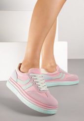 Różowe Sneakersy Typu Kultowe Tenisówki na Niskiej Platformie Olritia. Czerwone obuwie sportowe Renee, z jeansu, bez zapięcia, tenisowe. Za 109.99 zł.