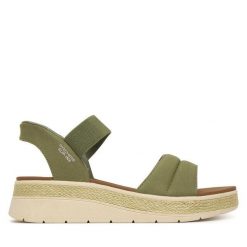 Sandały Skechers. Zielone sandały Skechers, bez wzorów, bez obcasa, na płaskiej podeszwie, bez zapięcia. Za 289.99 zł.