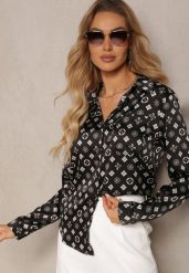 Czarna Klasyczna Koszula w Geometryczny Print Aletiza. Czarne koszule Renee, l, bez wzorów, z jeansu, biznesowe, bez kołnierzyka, bez ramiączek. Za 109.99 zł.