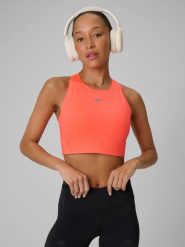 4F Crop top do biegania szybkoschnący damski - pomarańczowy S. Czerwone topy 4f, l, bez wzorów, bez kołnierzyka, bez ramiączek. Za 129.99 zł.