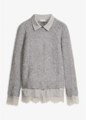 Sweter z koszulową wstawką. Szare swetry bonprix, bez wzorów, z koronki, bez ramiączek. Za 129.99 zł.