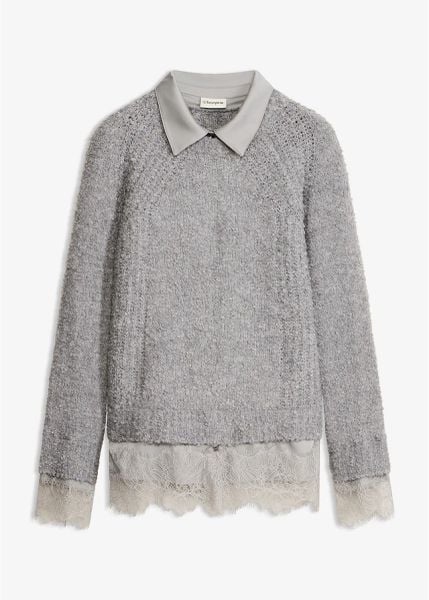 Sweter z koszulową wstawką. Szare swetry bonprix, bez wzorów, z koronki, bez ramiączek. Za 129.99 zł.