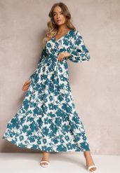 Zielona Sukienka Kharano. Zielone sukienki Renee, l, bez wzorów, z materiału, klasyczne, bez kołnierzyka, bez ramiączek, maxi, kopertowe. Za 99.99 zł.